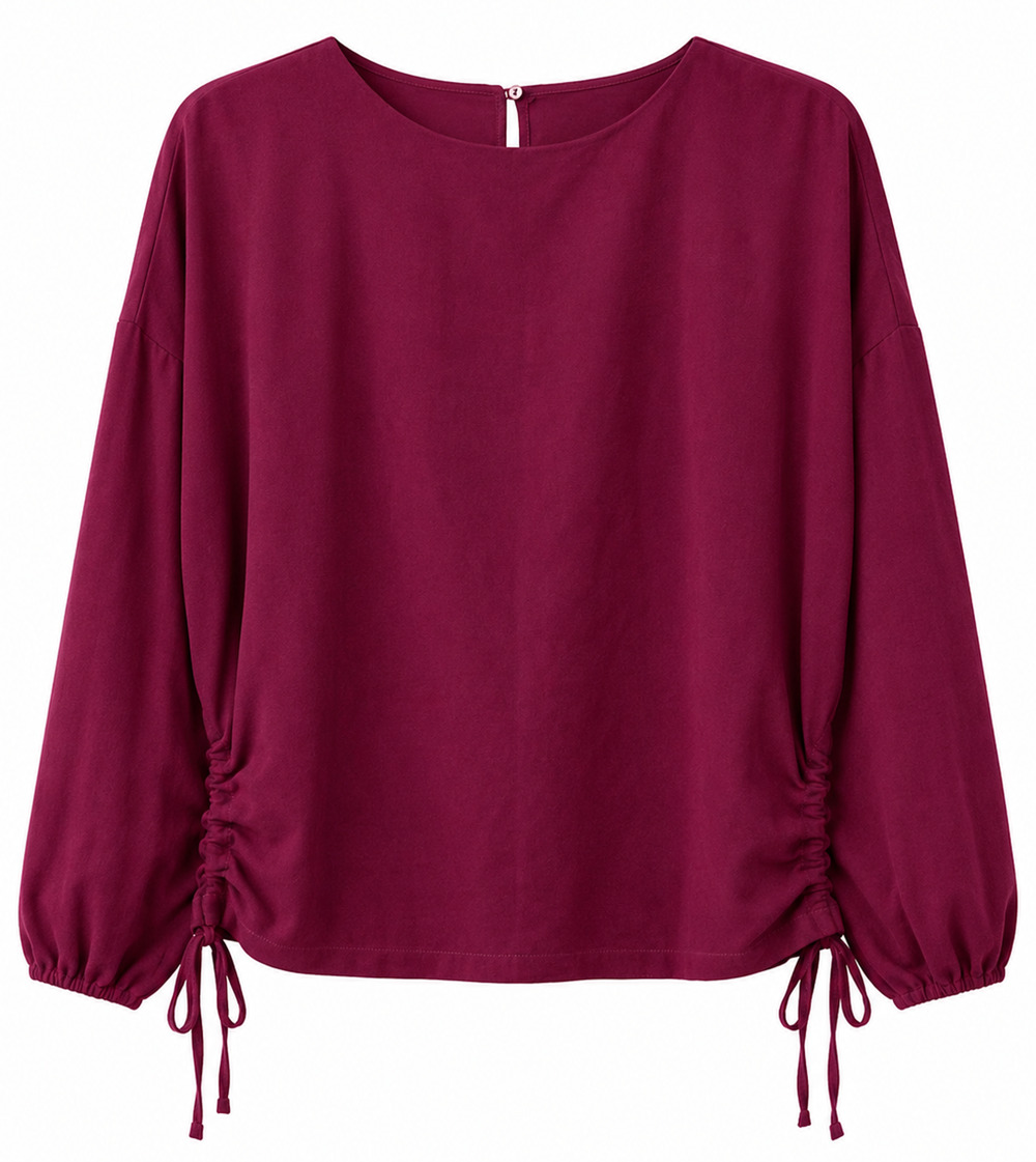 Zara Woman XS Burgundy Ruched Side Tie Blouse 3/4 Balloon Sleeve Keyhole Back